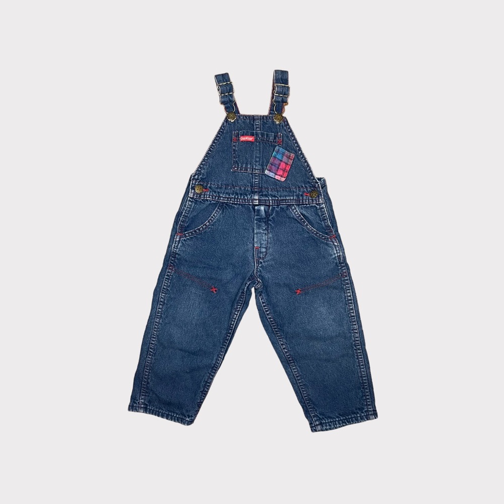 OshKosh B’gosh Vintage Colorful Flannel Lined Dark Wash Denim Overalls